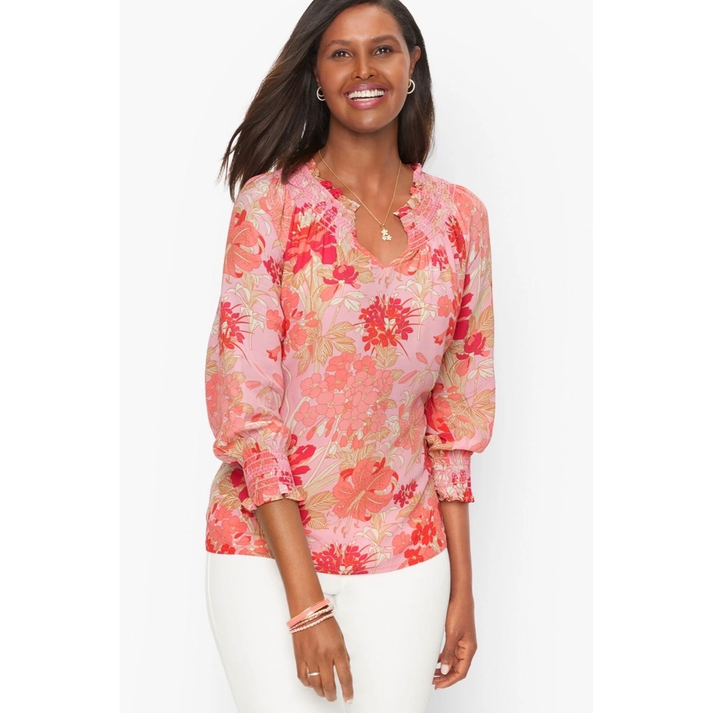 Talbots Women Pink Floral Smocked Neck 3/4 Sleeve Blouse